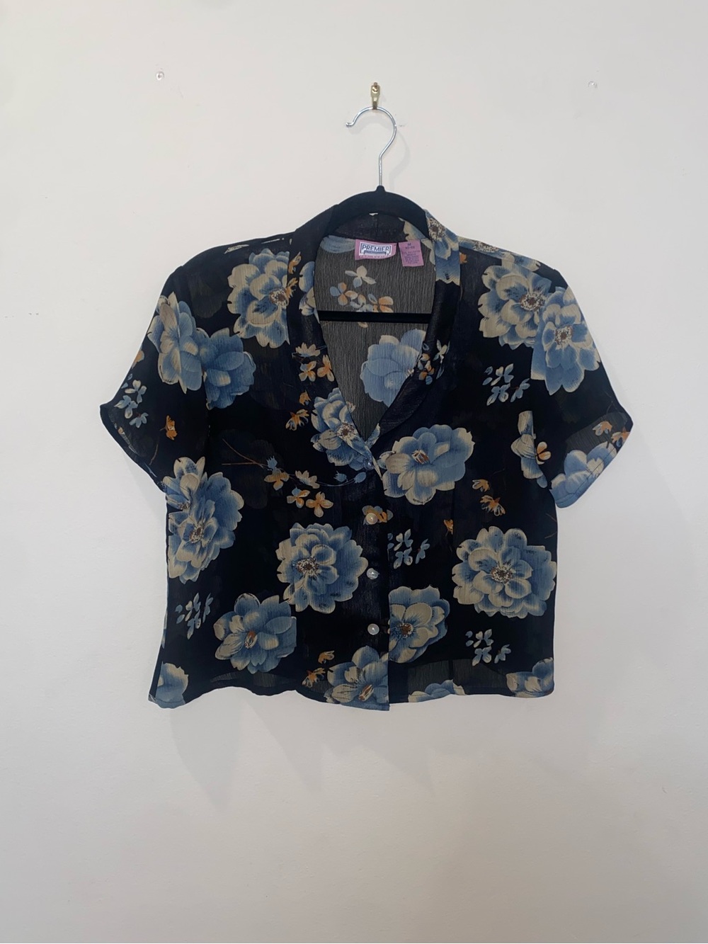 Vintage 90s Premier International Black Sheer Floral Button-Up Crop Top